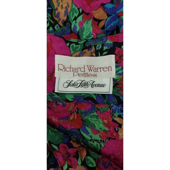 Saks Fifth Avenue Vintage 80s 100% Silk Floral High Shoulder Button-Down Blouse - Picture 11 of 11